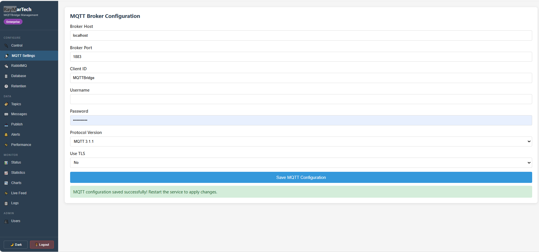 MQTT broker connection settings showing host, port, TLS, and topic subscription configuration
