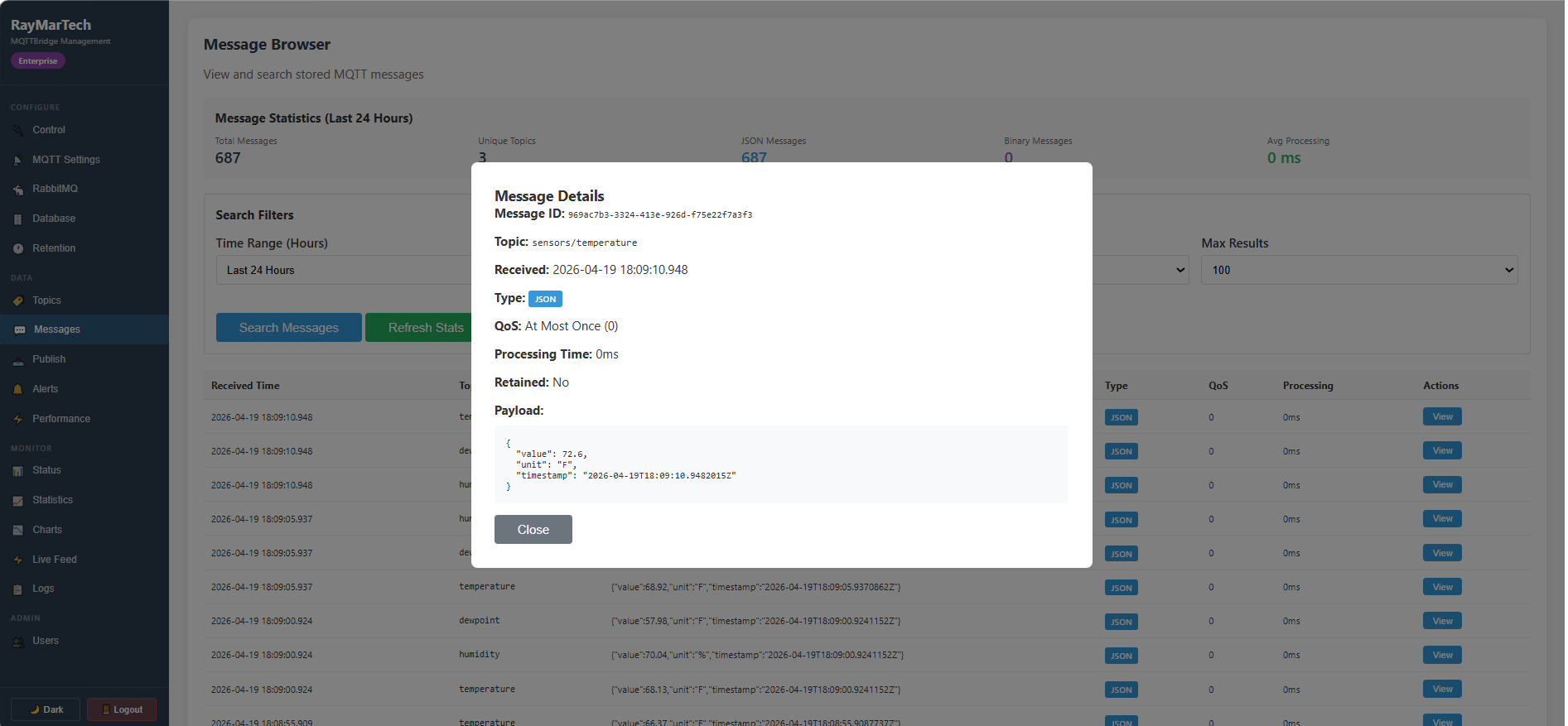 Message detail view showing topic, payload, and metadata