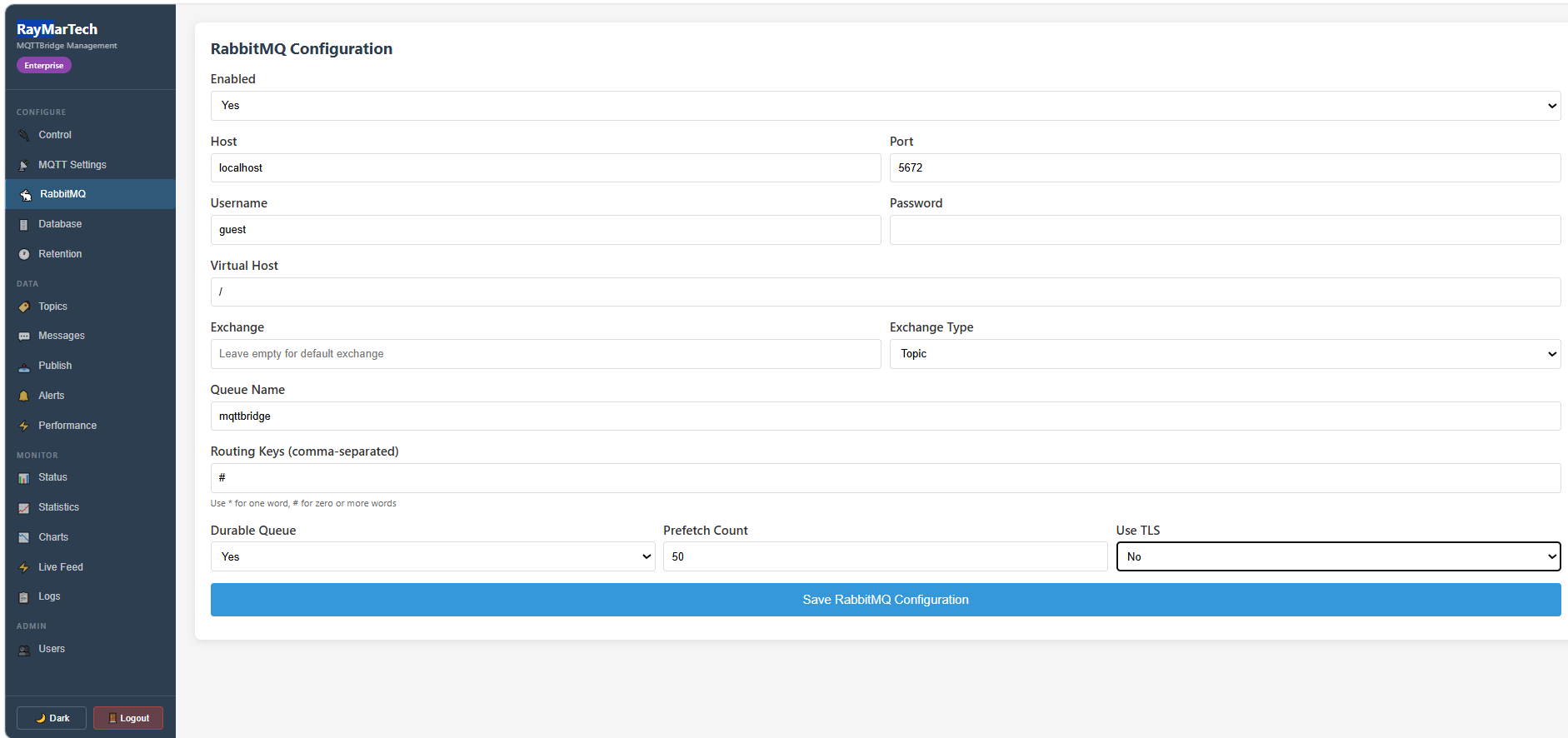 RabbitMQ connection and queue configuration